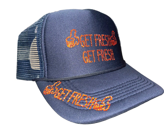 Navy Blue GET FRESH OR GET LOST Hat With Orange Rhinestone Embroidery