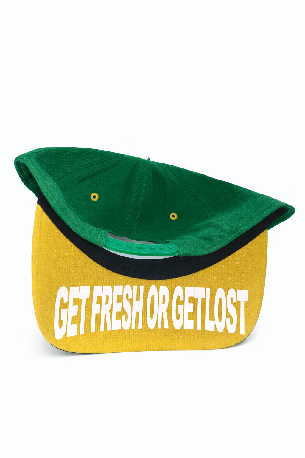 Green On Yellow GET FRESH OR GET LOST hat with Yellow & Green Rhinestone Embroidery