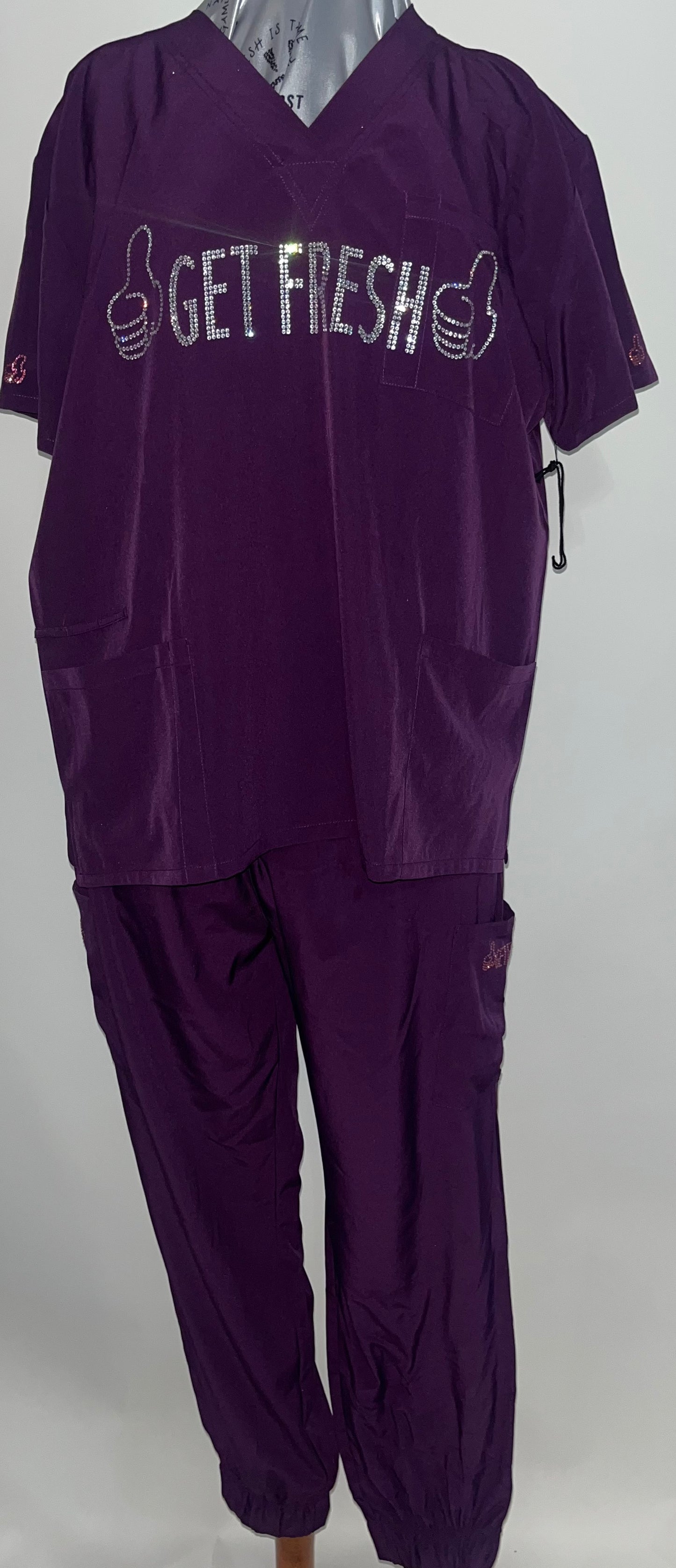 GET FRESH OR GET LOST Two Piece  Scrubs With Clear And Pink Rhinestones