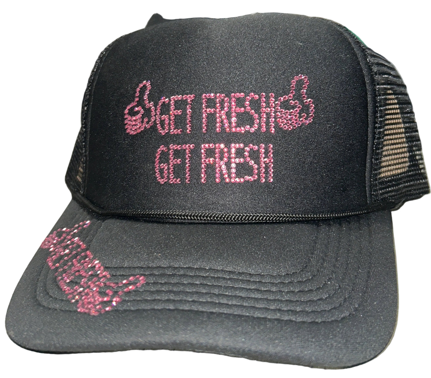 Black GET FRESH OR GET LOST Hat With Pink Rhinestone Embroidery