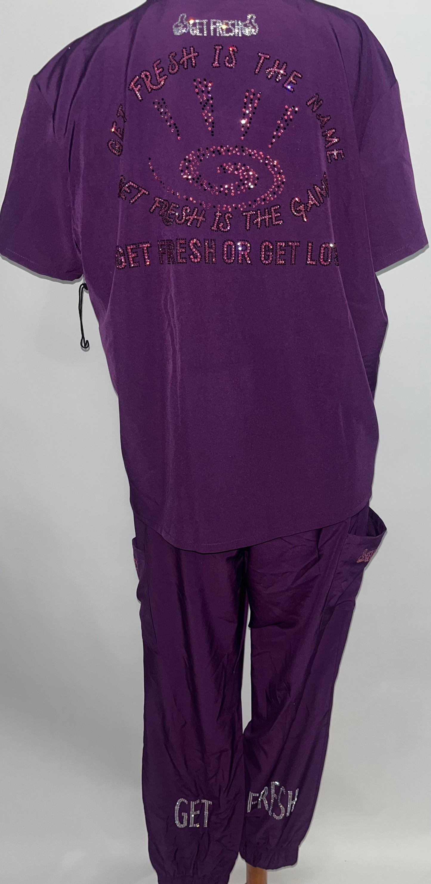 GET FRESH OR GET LOST Two Piece  Scrubs With Clear And Pink Rhinestones