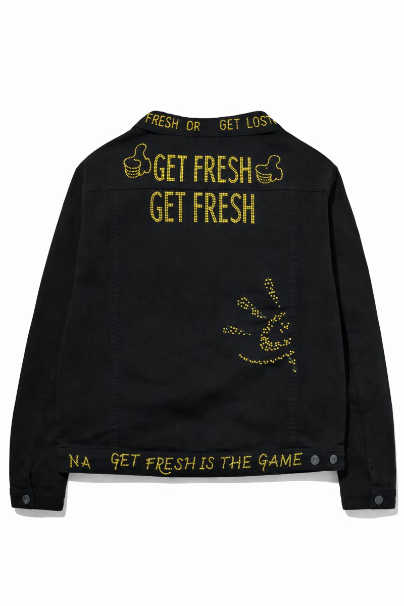 Black GET FRESH OR GET LOST Two-Piece Jean Outfit With Yellow Rhinestone Embroidery