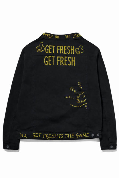 Black GET FRESH OR GET LOST Two-Piece Jean Outfit With Yellow Rhinestone Embroidery