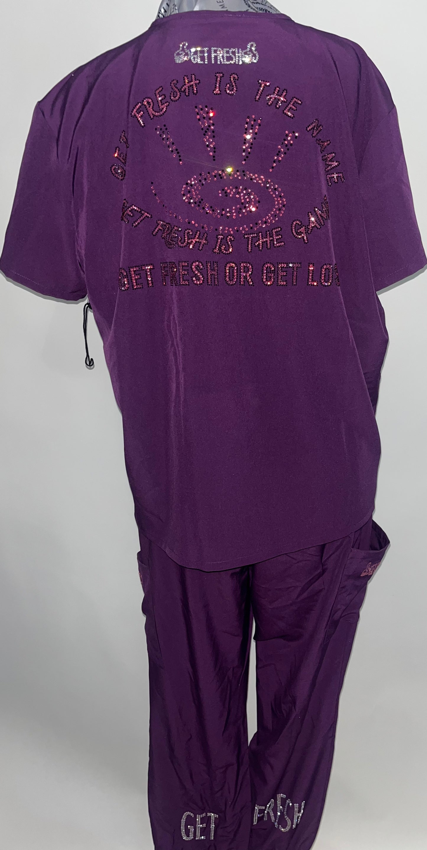 GET FRESH OR GET LOST Two Piece  Scrubs With Clear And Pink Rhinestones