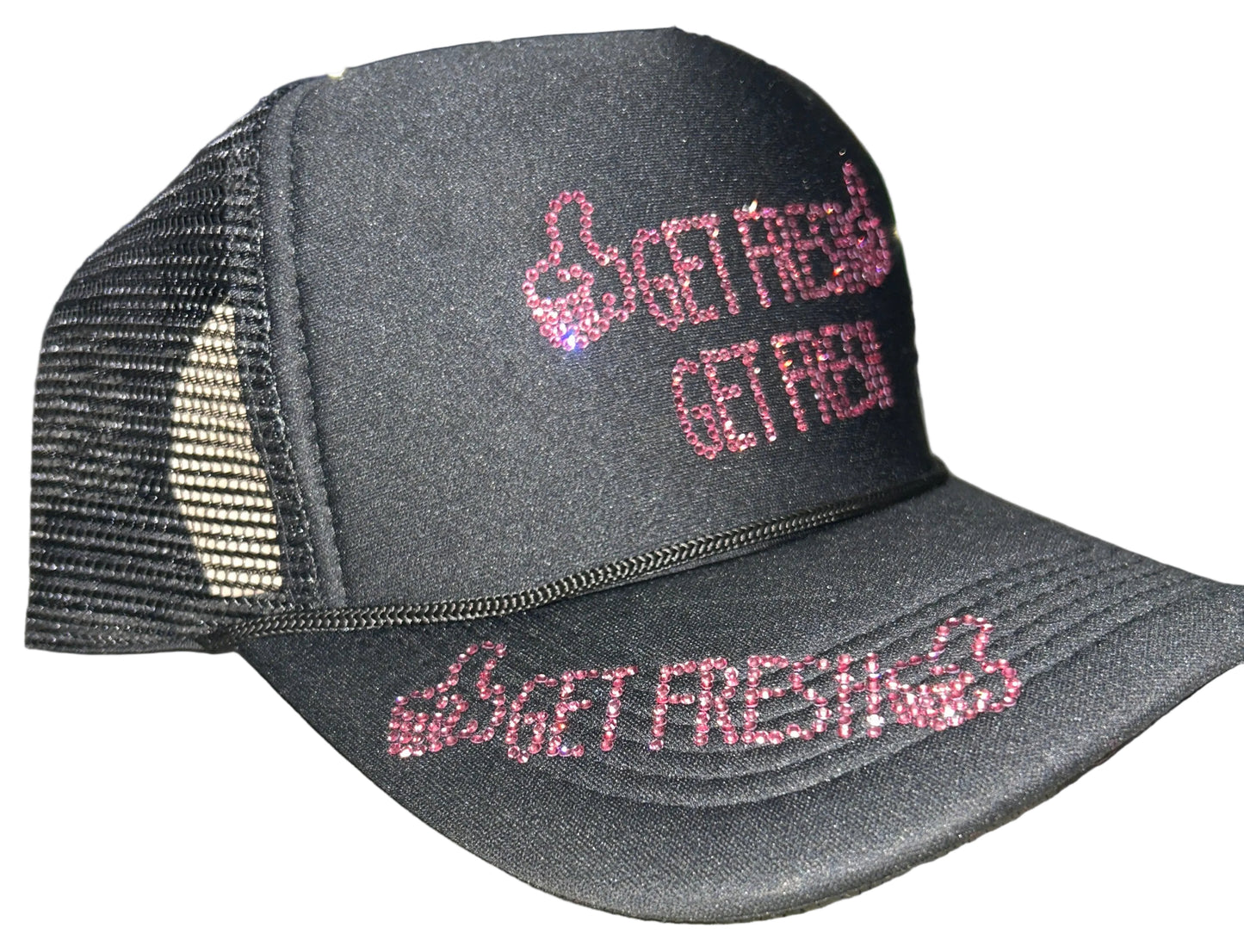 Black GET FRESH OR GET LOST Hat With Pink Rhinestone Embroidery