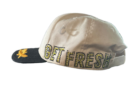 Cream and Black GET FRESH OR GET LOST Hat With Black and Yellow Rhinestone Embroidery