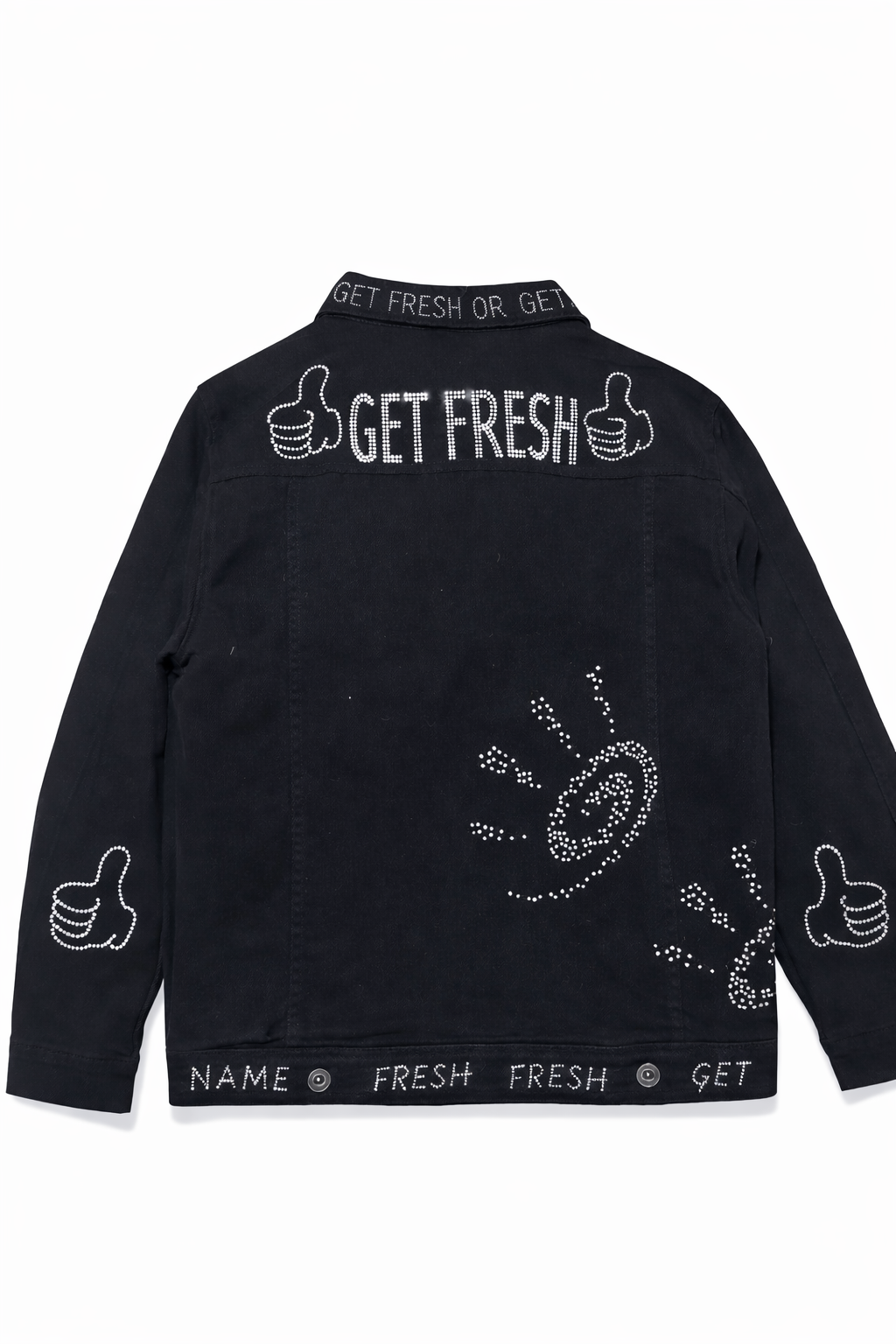 Black GET FRESH OR GET LOST Jean Two-Piece Outfit With Clear Rhinestone Embroidery