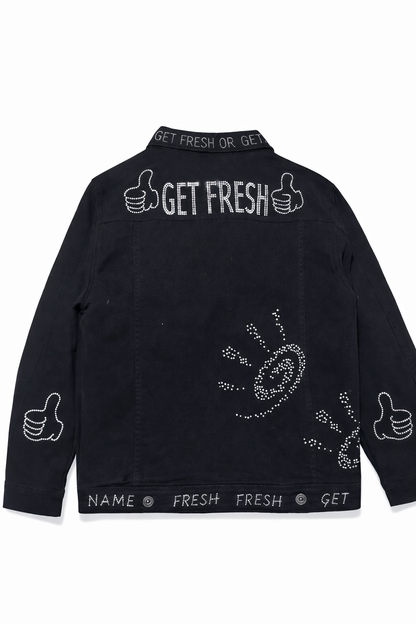 Black GET FRESH OR GET LOST Jean Two-Piece Outfit With Clear Rhinestone Embroidery