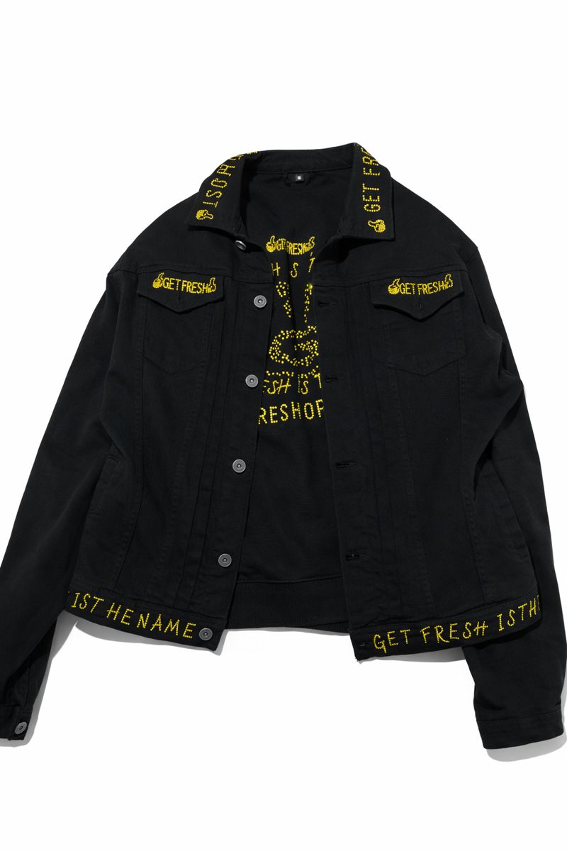 Black GET FRESH OR GET LOST Two-Piece Jean Outfit With Yellow Rhinestone Embroidery