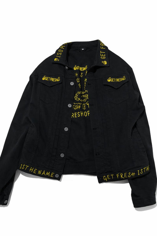 Black GET FRESH OR GET LOST Two-Piece Jean Outfit With Yellow Rhinestone Embroidery