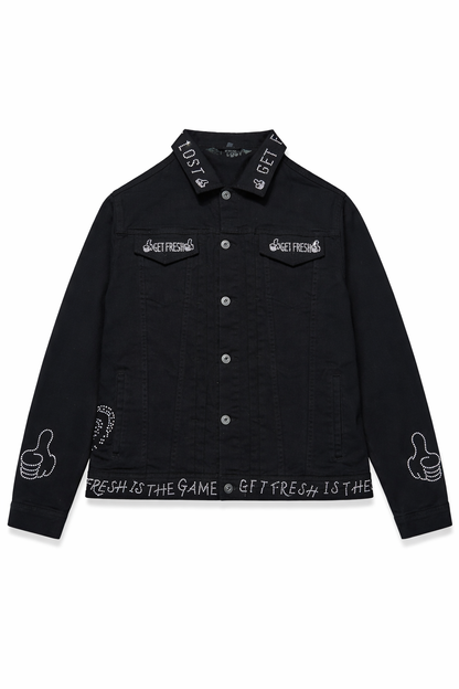 Black GET FRESH OR GET LOST Jean Two-Piece Outfit With Clear Rhinestone Embroidery