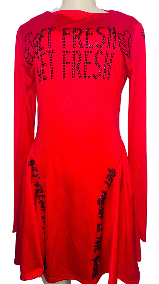 Red GET FRESH OR GET LOST Dress With Black Rhinestone Embroidery
