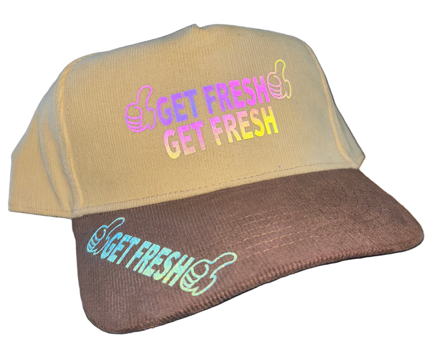 Brown and Tan GET FRESH OR GET LOST Hat With Iridescent Reflective Embroidery