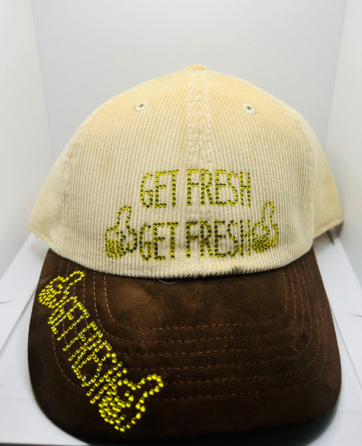 Cream & Brown GET FRESH OR GET LOST Dad Hats With Yellow Rhinestone Embroidery