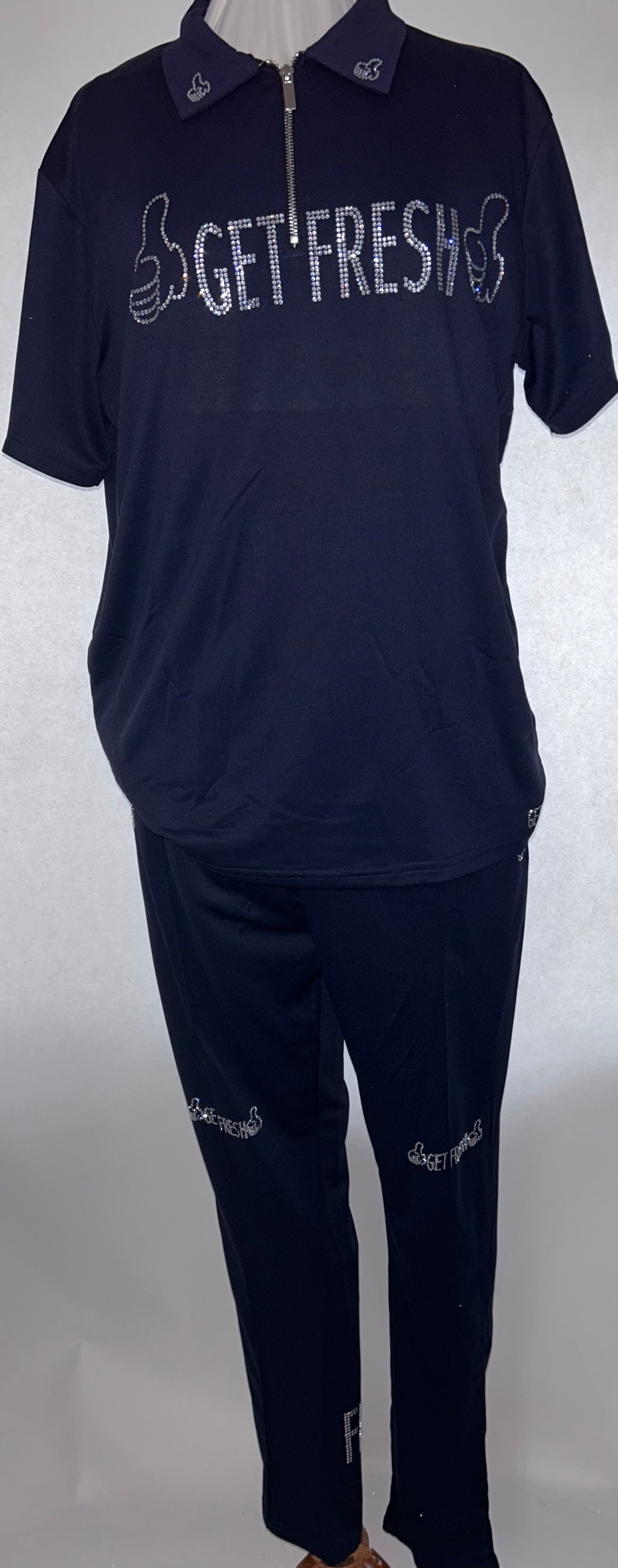 Blue With Clear & Black Rhinestone GET FRESH OR GET  LOST Polo Two Piece