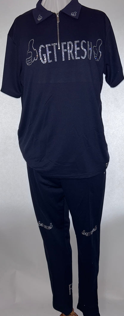 Blue With Clear & Black Rhinestone GET FRESH OR GET  LOST Polo Two Piece