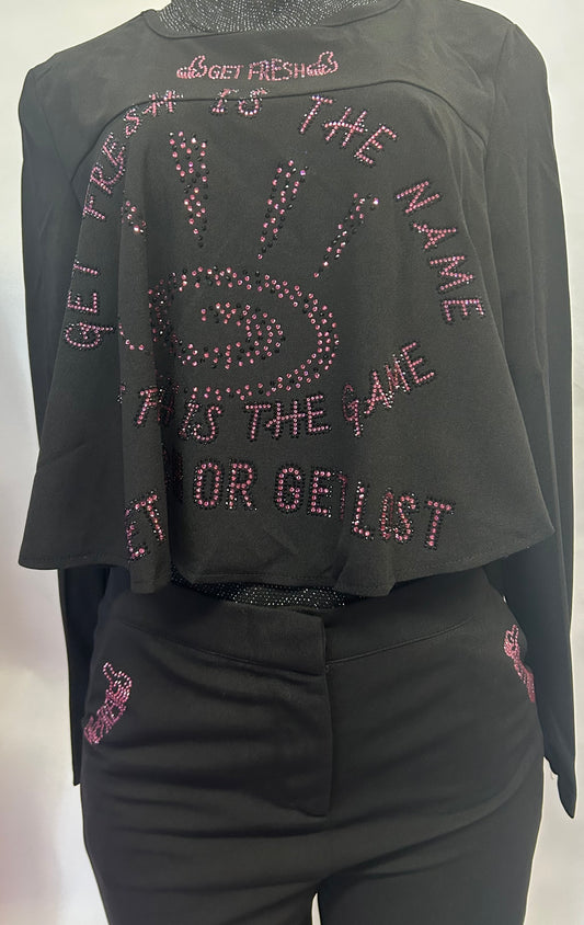 Black GET FRESH OR GET LOST Two-Piece Set With Pink Rhinestone Embroidery