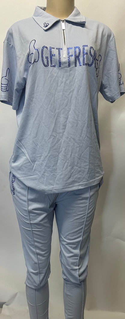 Light Blue GET FRESH OR GETLOST Two Piece Rhinestone Embroidery