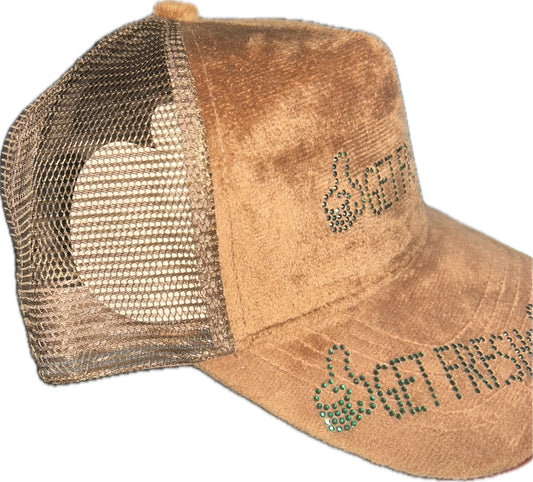 Brown GET FRESH OR GET LOST Hat With Green Rhinestone Embroidery And Colored Reflector