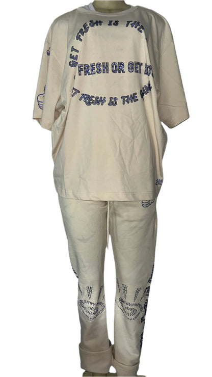 Cream GET FRESH OR GET LOST Two-Piece Set With Blue Rhinestone Embroidery