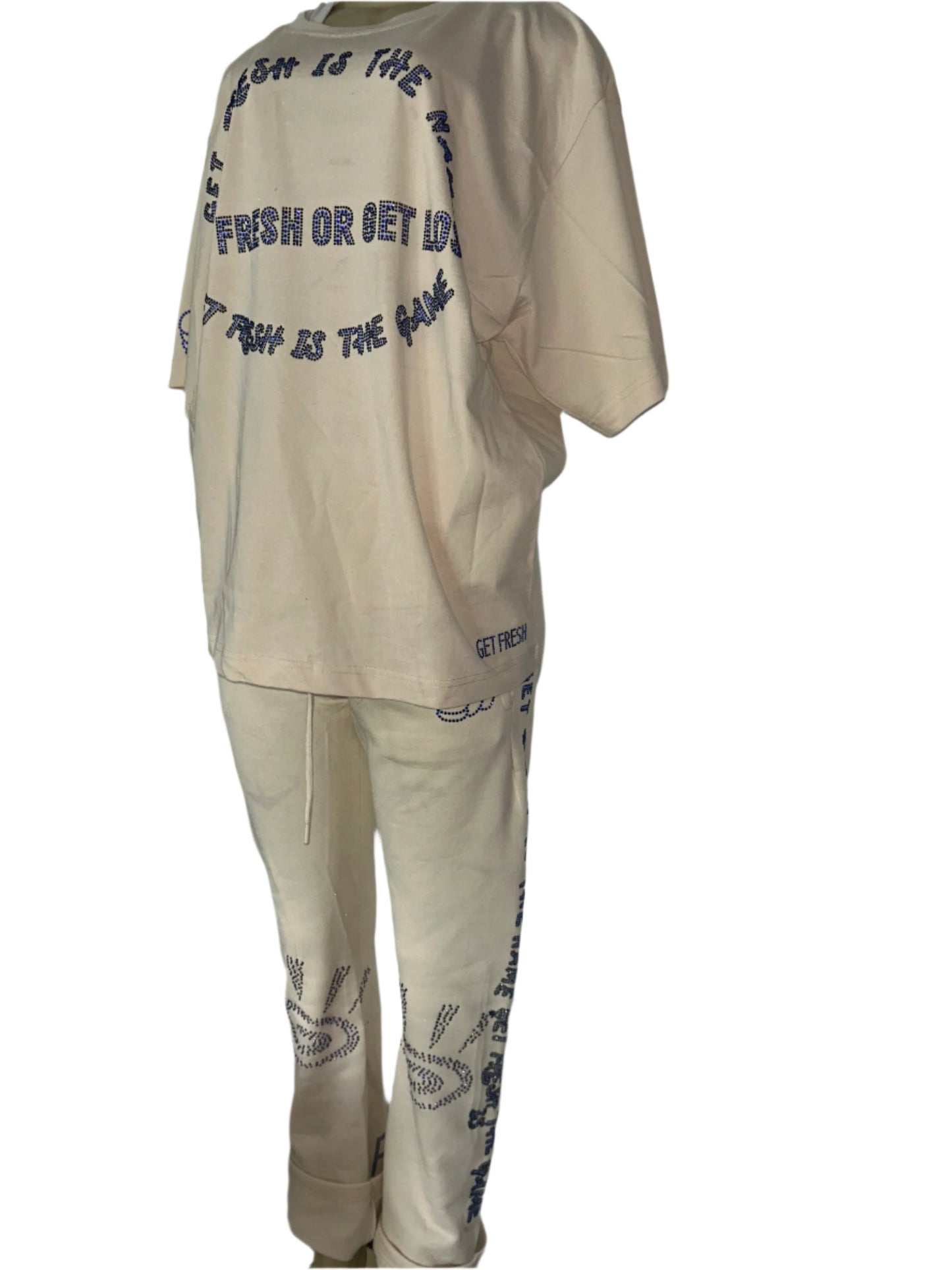 Cream GET FRESH OR GET LOST Two-Piece Set With Blue Rhinestone Embroidery