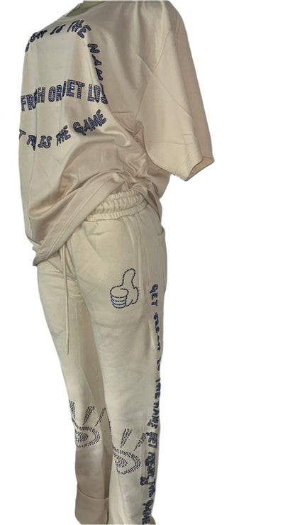 Cream GET FRESH OR GET LOST Two-Piece Set With Blue Rhinestone Embroidery