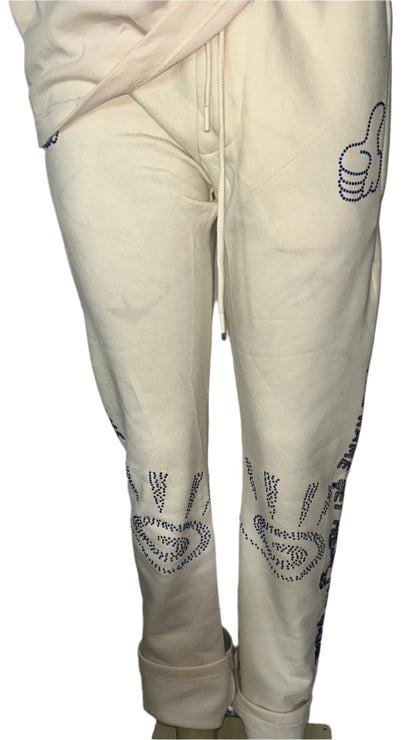 Cream GET FRESH OR GET LOST Two-Piece Set With Blue Rhinestone Embroidery
