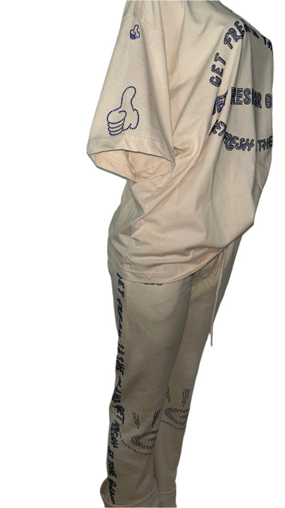 Cream GET FRESH OR GET LOST Two-Piece Set With Blue Rhinestone Embroidery