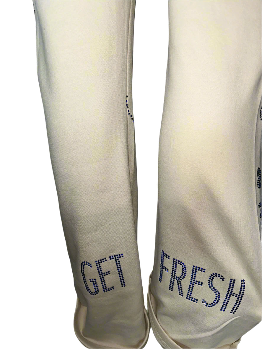Cream GET FRESH OR GET LOST Two-Piece Set With Blue Rhinestone Embroidery