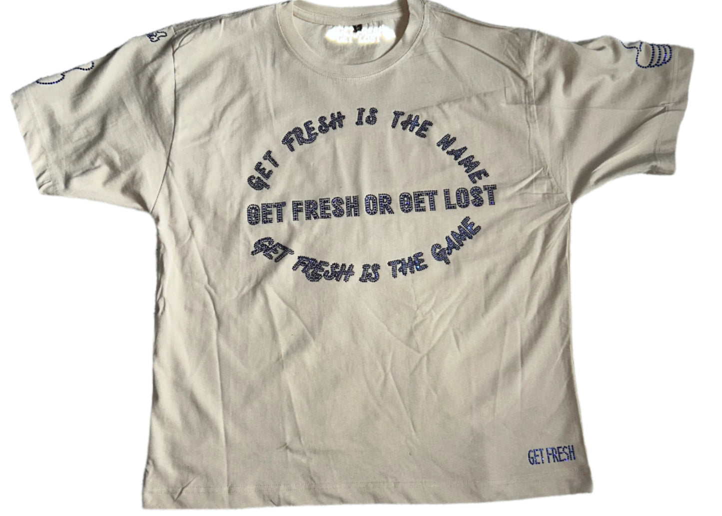 Cream GET FRESH OR GET LOST Two-Piece Set With Blue Rhinestone Embroidery