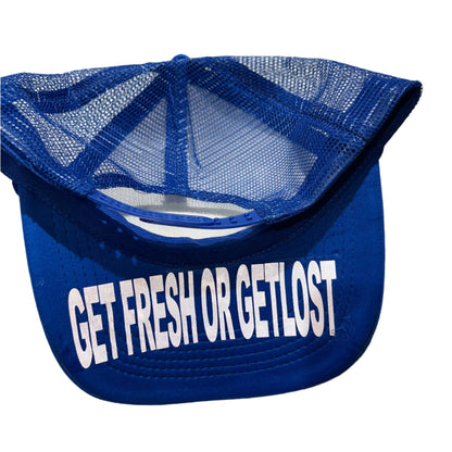 Blue GET FRESH OR GET LOST Hat With Orange Rhinestone Embroidery