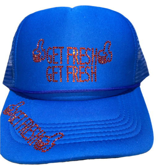 Blue GET FRESH OR GET LOST Hat With Orange Rhinestone Embroidery