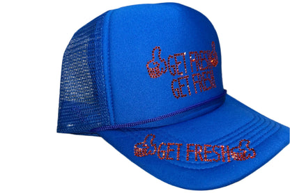 Blue GET FRESH OR GET LOST Hat With Orange Rhinestone Embroidery