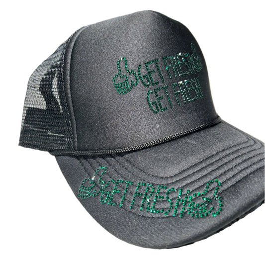 Black GET FRESH OR GET LOST Hat With Green Rhinestone Embroidery