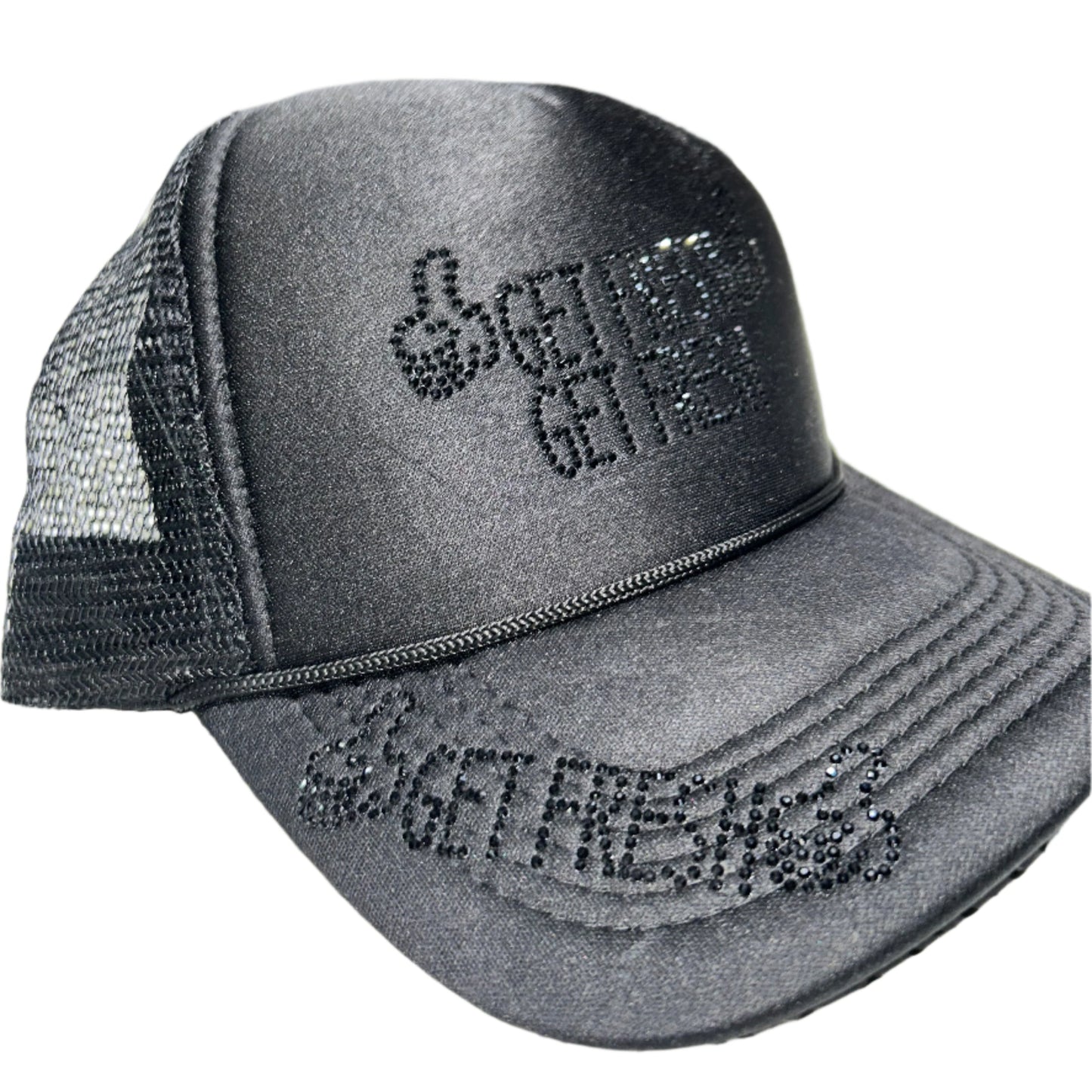Black GET FRESH OR GET LOST Hat With Black Rhinestone Embroidery