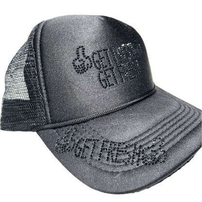 Black GET FRESH OR GET LOST Hat With Black Rhinestone Embroidery