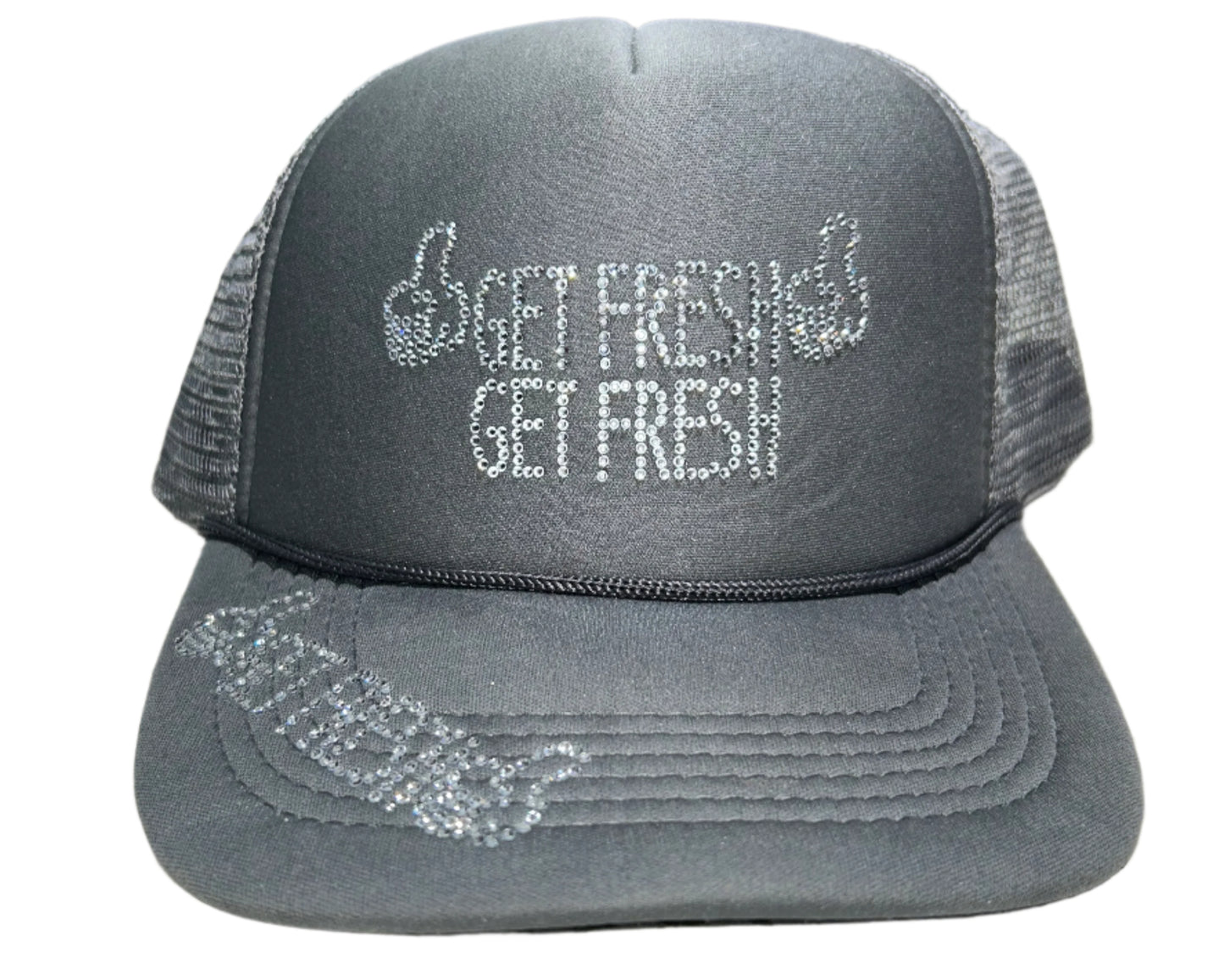 Grey GET FRESH OR GET LOST Hat With Clear Rhinestone embroidery