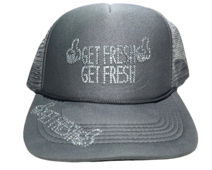 Grey GET FRESH OR GET LOST Hat With Clear Rhinestone embroidery