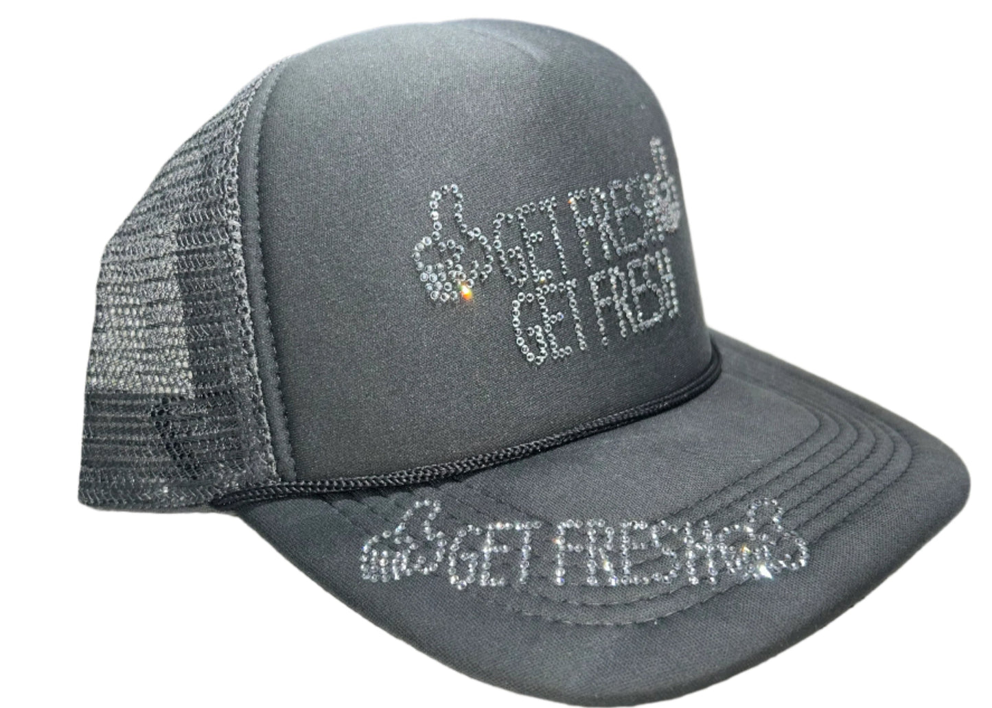Grey GET FRESH OR GET LOST Hat With Clear Rhinestone embroidery