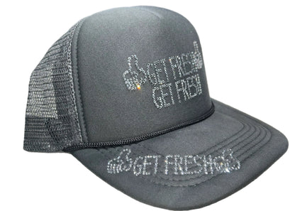 Grey GET FRESH OR GET LOST Hat With Clear Rhinestone embroidery