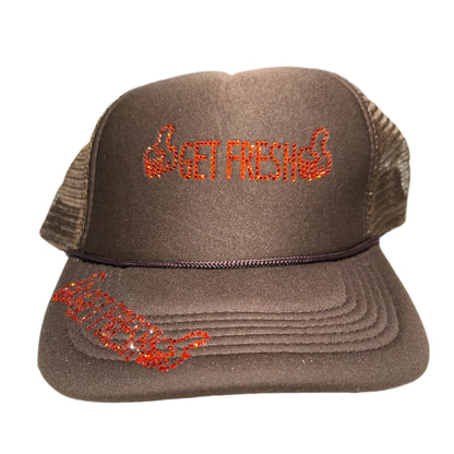 Brown GET FRESH OR GET LOST Hat With Orange Rhinestone Embroidery