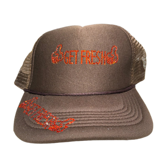 Brown GET FRESH OR GET LOST Hat With Orange Rhinestone Embroidery