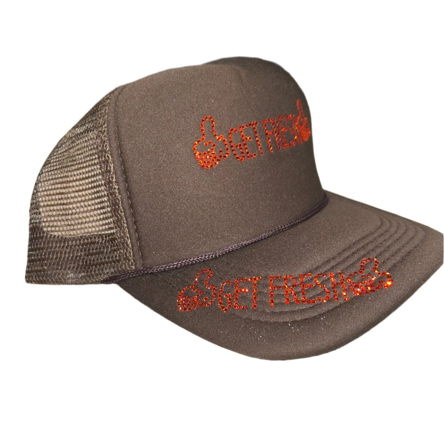 Brown GET FRESH OR GET LOST Hat With Orange Rhinestone Embroidery