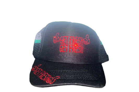 Black GET FRESH OR GET LOST Hat With Black Rhinestone Embroidery