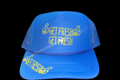 Blue GET FRESH OR GET LOST Hat With Yellow Rhinestone Embroidery