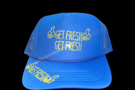 Blue GET FRESH OR GET LOST Hat With Yellow Rhinestone Embroidery