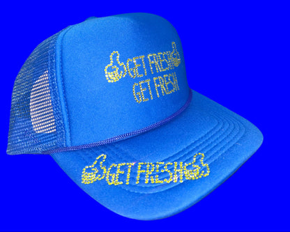 Blue GET FRESH OR GET LOST Hat With Yellow Rhinestone Embroidery