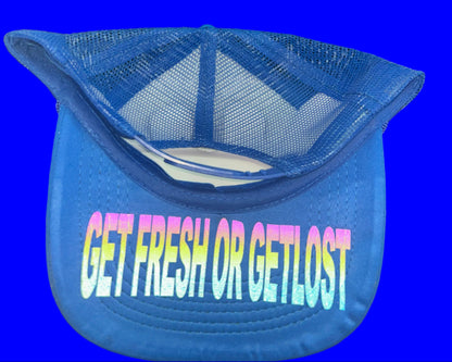 Blue GET FRESH OR GET LOST Hat With Yellow Rhinestone Embroidery