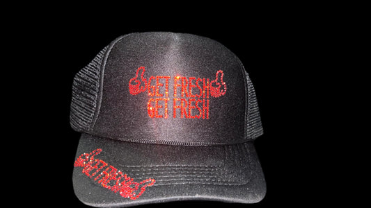 Black GET FRESH OR GET LOST Hat With Red Rhinestone Embroidery