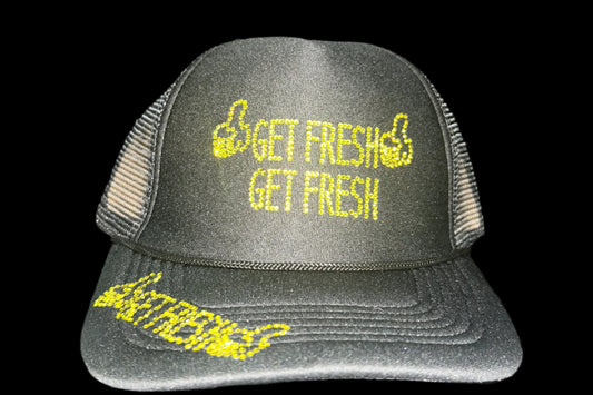 Black GET FRESH OR GET LOST Hat With Yellow Rhinestone Embroidery